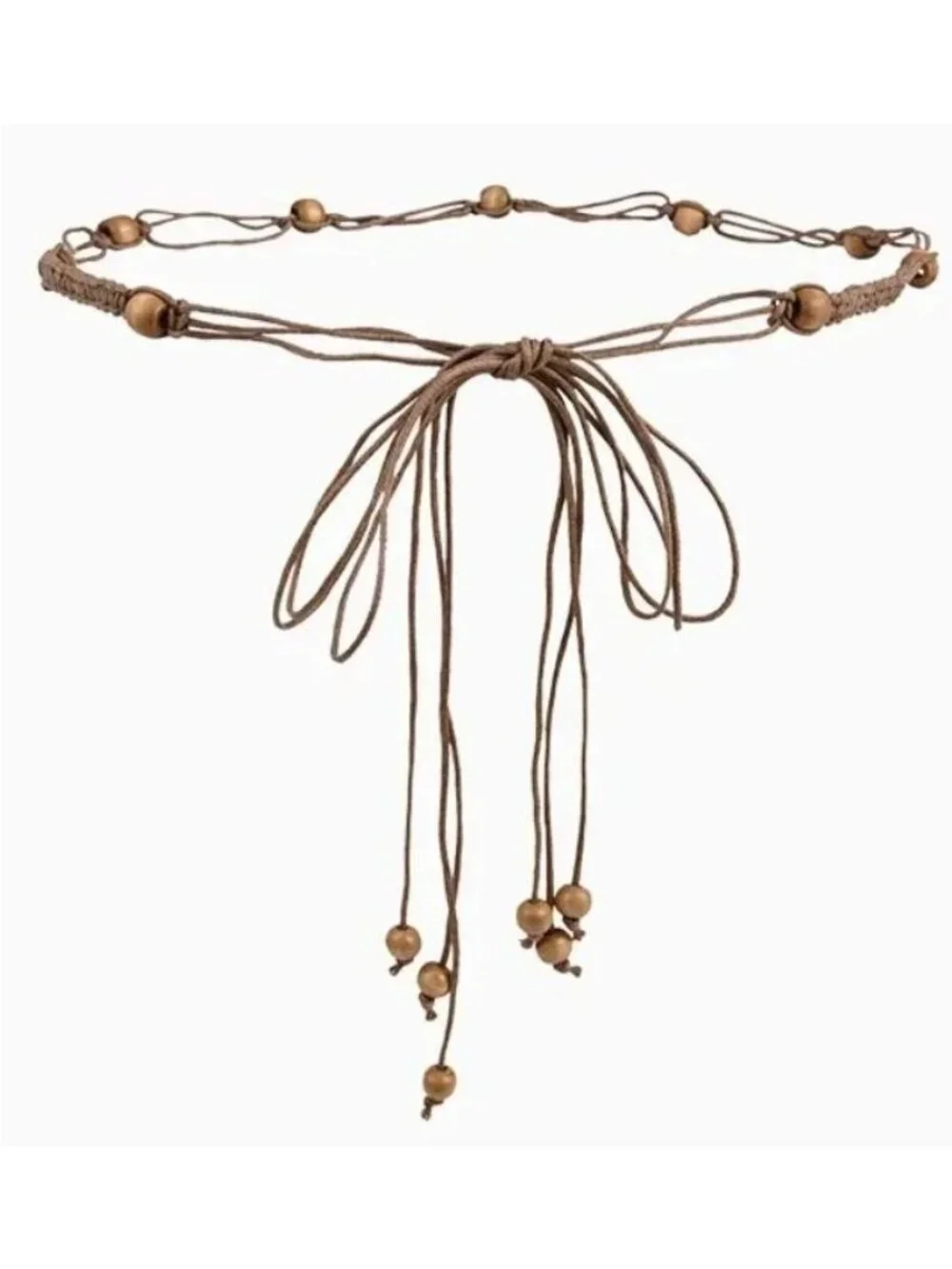 Light Brown Braided Rope Wrap-Around Belt With Wooden Beads